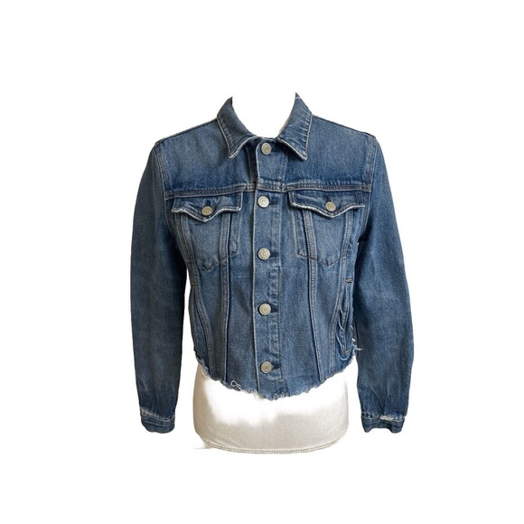GRLFRND Cara Women's XS Blue Cropped Denim Jacket Frayed Hem Distressed - Picture 1 of 6